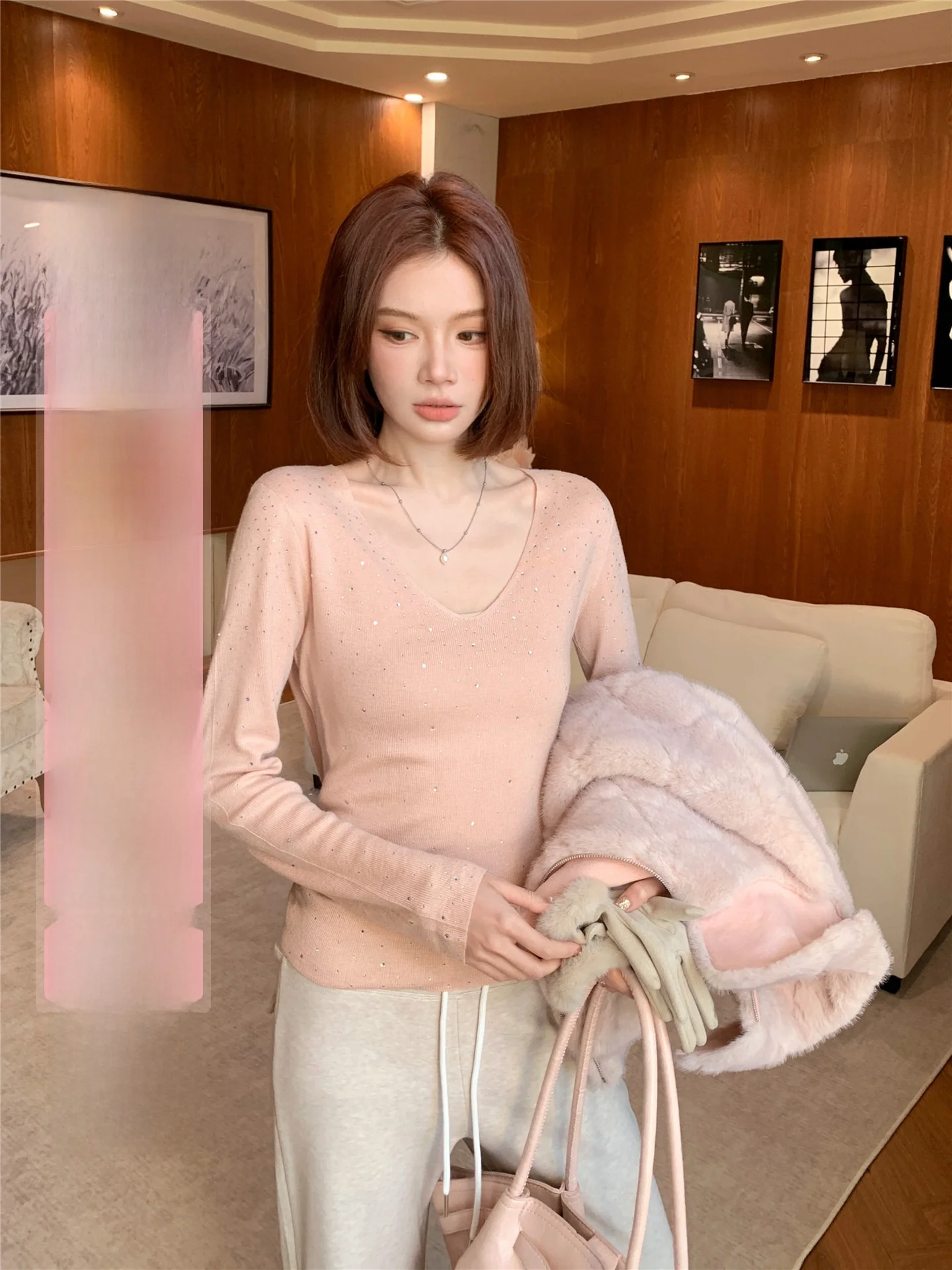

Women's Long Sve Knitted Wool Blend Base irt Slim Fit Diamond Embellied Soft Korean Sle Commute Faion Winter Warm