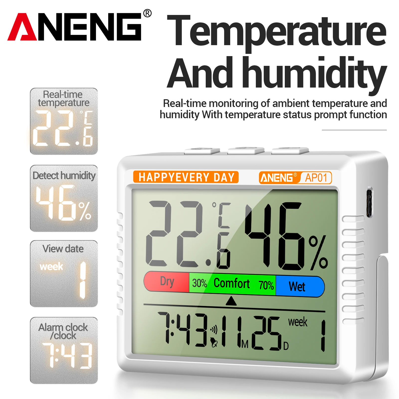 ANENG AP01 Rechargeable Thermometer Hygrometer Type-C Charging Backlit LCD Alarm Snooze Clock Calendar Temp Humidity Monitor