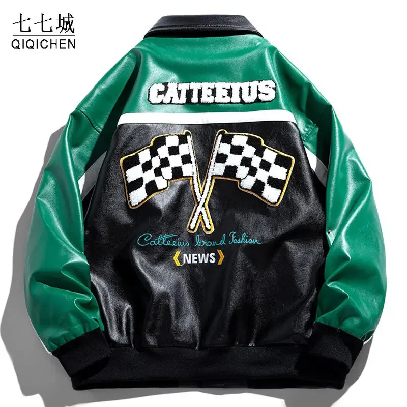 

Mens PU Leather Motorcycle Jacket Hip Hop Flocked Embroidery Windproof Bomber Jackets Fashion Oversize Coat Couple Streetwear