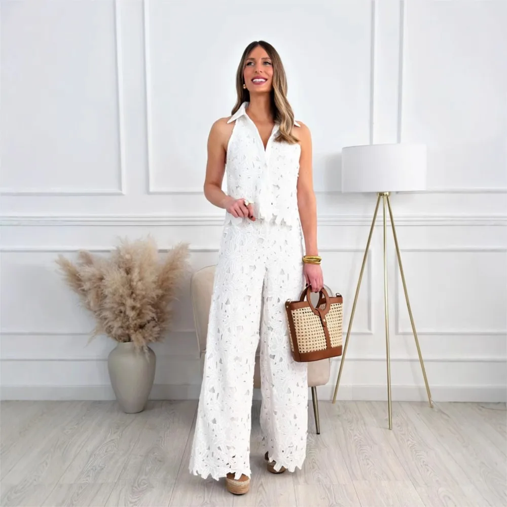 

2025 Summer Lace Hollow out 2 piece Set Elegant Solid color Sleeveless Lapel Top Shirts + Trousers Suit Commuting Fashion Party