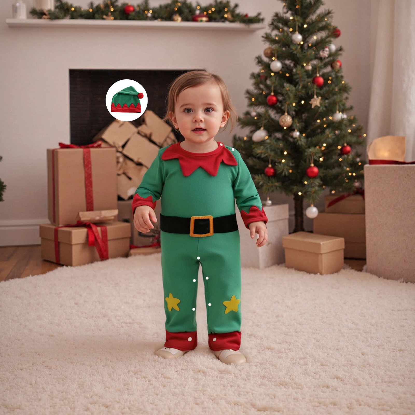 

Suefunskry Baby Boy Girl Christmas Elf Outfit Star Contrast Fleece Long Sleeve Romper and Hat 2 Piece Set