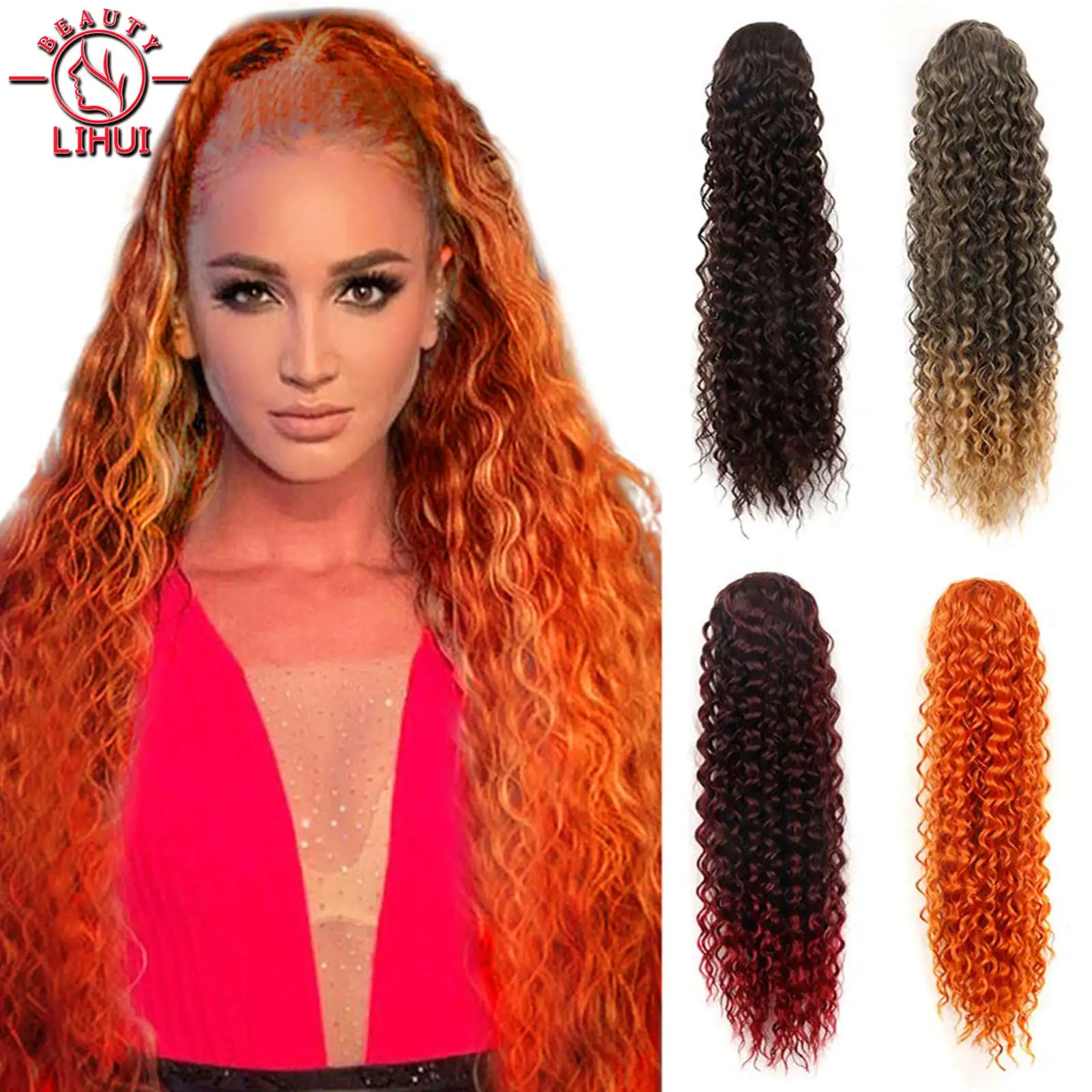 

24inch/60cm Synthetic Long Kinky Curly Ponytail Organic Drawstring Ponytail Chip-In Hair Extension Wrap Around Ponytail