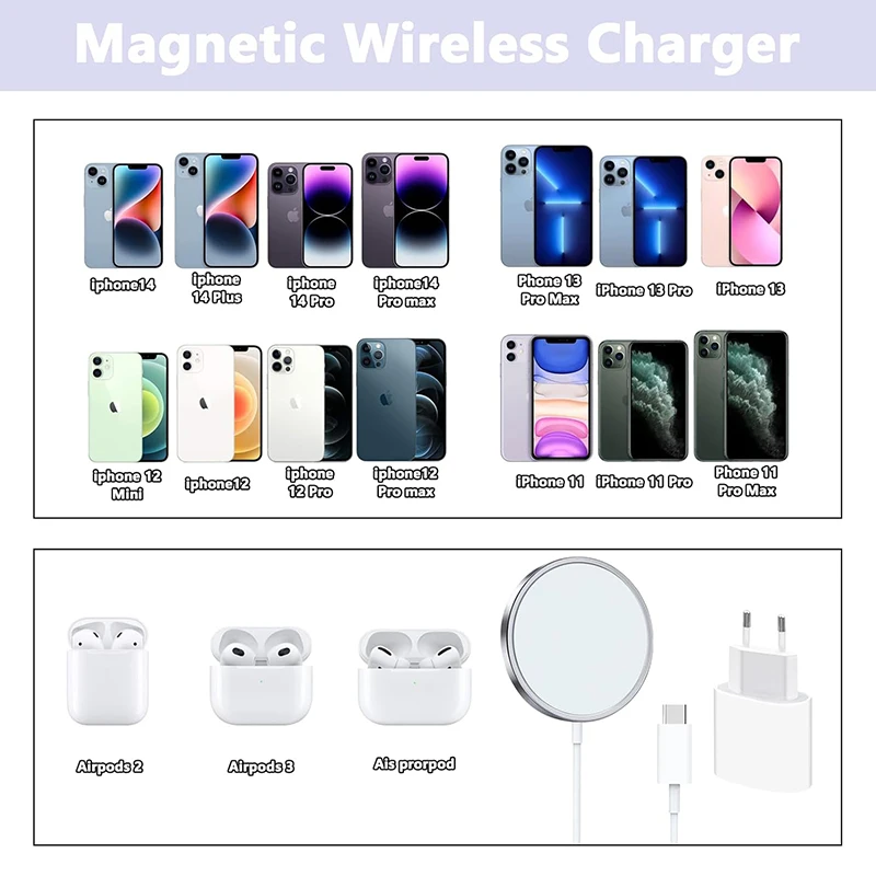 Apple Original Magsafe Cargador Inalámbrico Para iPhone 15 14 13 12 11 Pro Max SE Mini X XS XR 8 Plus de Carga Rápida Tipo C Cable Relámpago