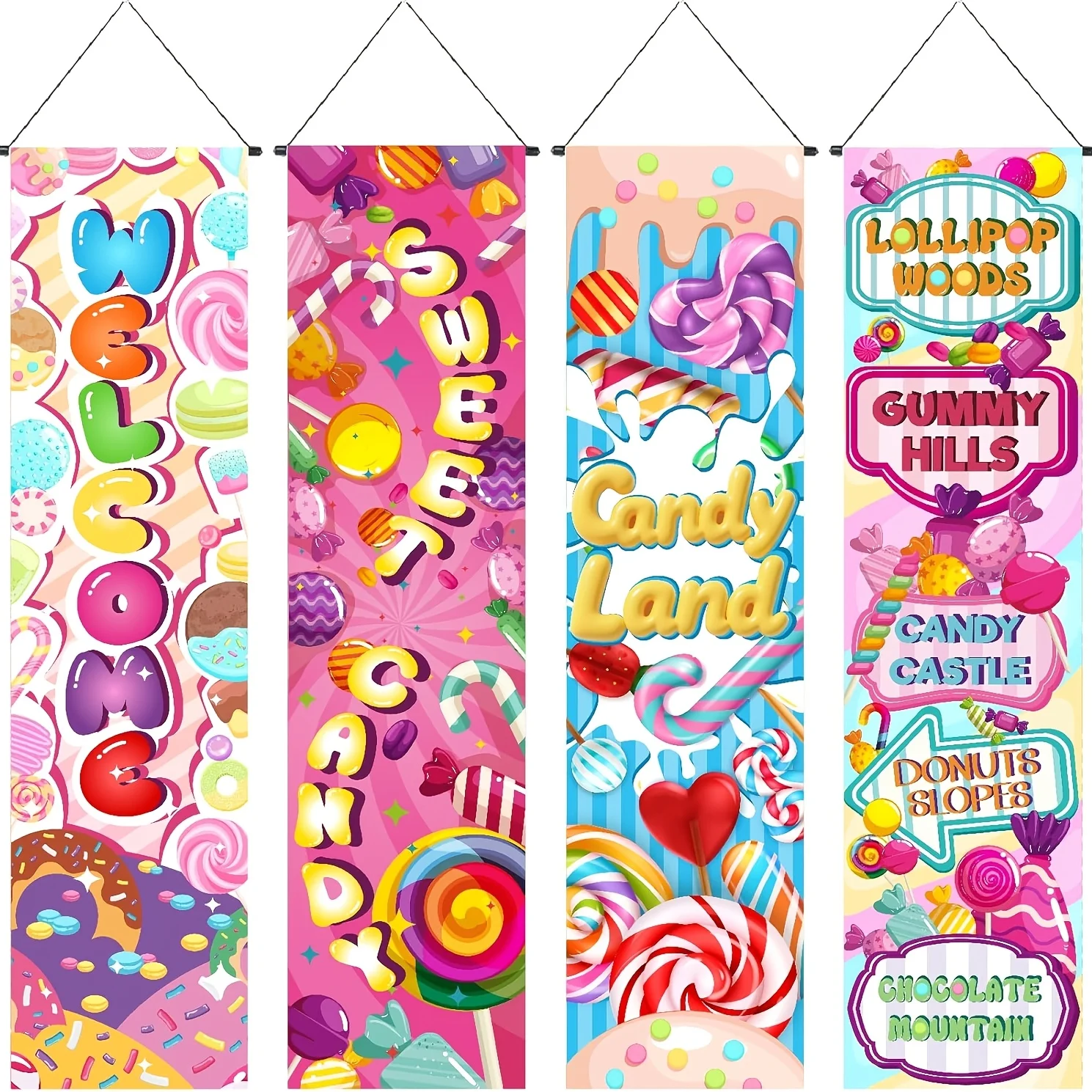 4-Pack Candy Theme Vinyl Backdrop Banners, Colorful Candy Land Decor for Birthday, Room, Entrance & Christmas