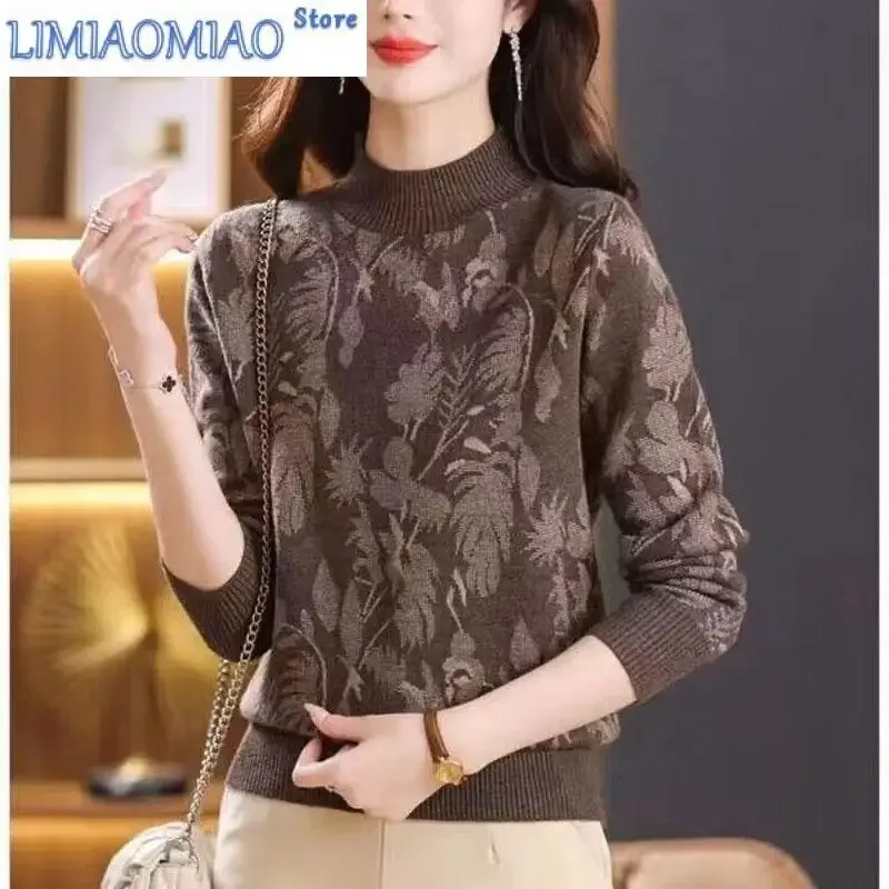 

New Autumn/Winter Fashion Trend Half High Collar Jacquard Loose Versatile Commuter Middle Aged Mom Long Sleeve Knitted Sweater