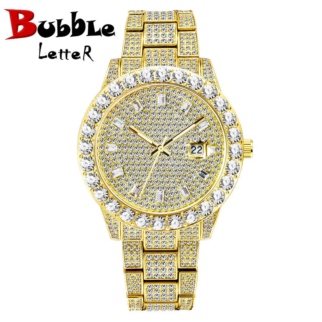 ЧАСЫ Bubble Letter DOUBLE DIAMOND BAGUETTE NUMBERS Man ICED OUT Relogio Masculio