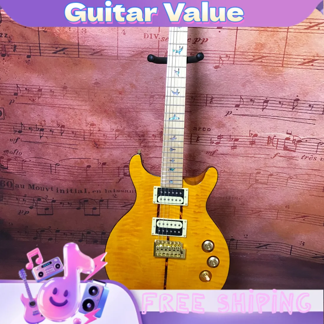 Bright Yellow Compact Size PRS Tiger Pattern Maple Double Missing Corner DC Electric Guitar Single Shake System Free Shipping