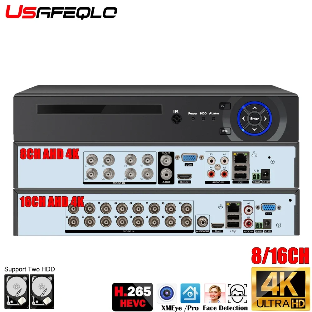 H.265+ 4K AHD CVI TVI HVR 6-in-1 DVR Support 2HDD 16CH Video Recorder P2P Phone Monitoring for Security Surveillance System Kit