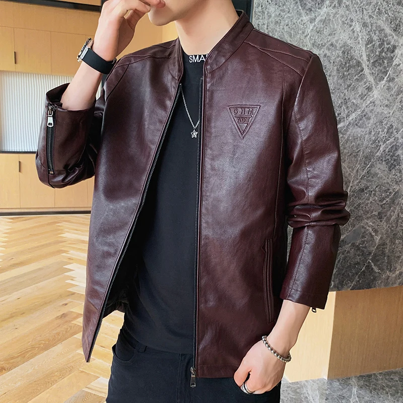 2024 Spring PU Leather Jacket Men's Stand Collar Long Sleeve Jacket Size Casual Slim New Motorcycle Wear