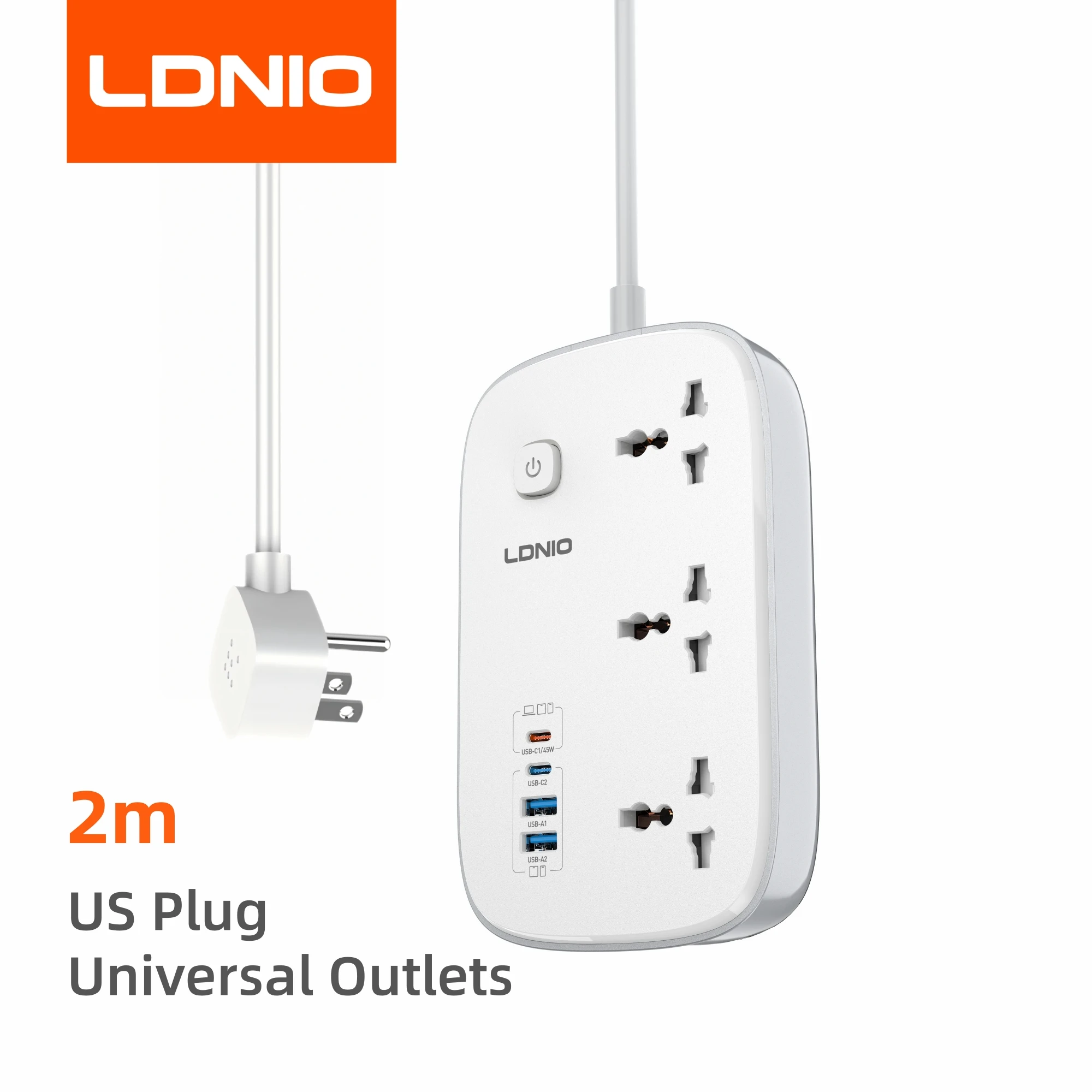 LDNIO Universele Stekkerdoos 3250W EU UK US Stekker 45W PD Snellader 3 Stopcontacten 2M Verlengsnoer voor Laptop Telefoon Opladen