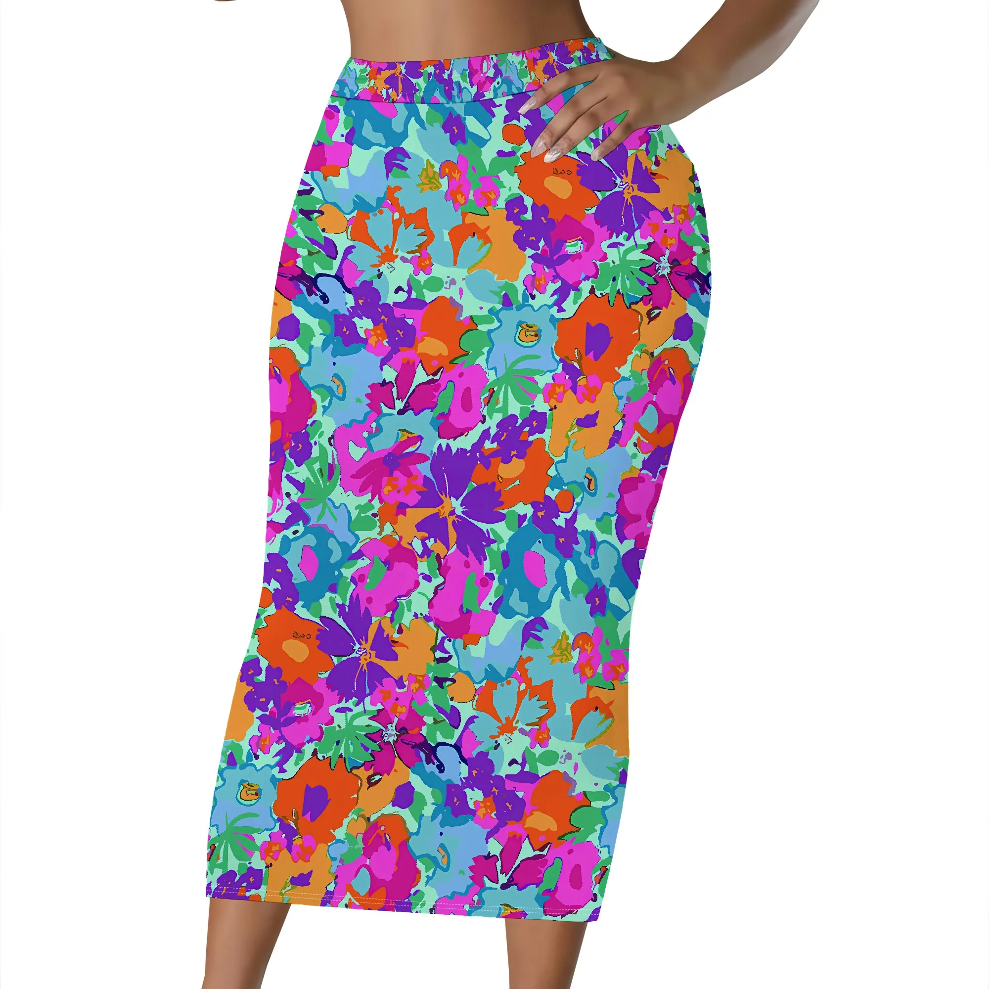 Lebhaft bedruckter Blumenrock, Bleistiftrock mit bunten Blüten, Midirock mit abstraktem Kunstmotiv, Sommermode Damenrock, S-2XL – Detail 1