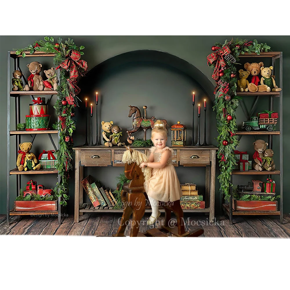 Mocsicka Christmas Gift Room Photography Background Toy Horse Bear Shelf Stand Retro Green Backdrop Winter Kids Photo Studio