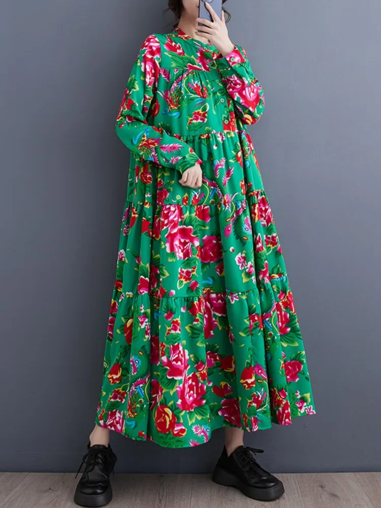 Oversized Spring Floral Flower Print Long Dress Women Casual Loose Fashion Long Sleeve Ladies Dresses Ruffle Pleated Woman Dress