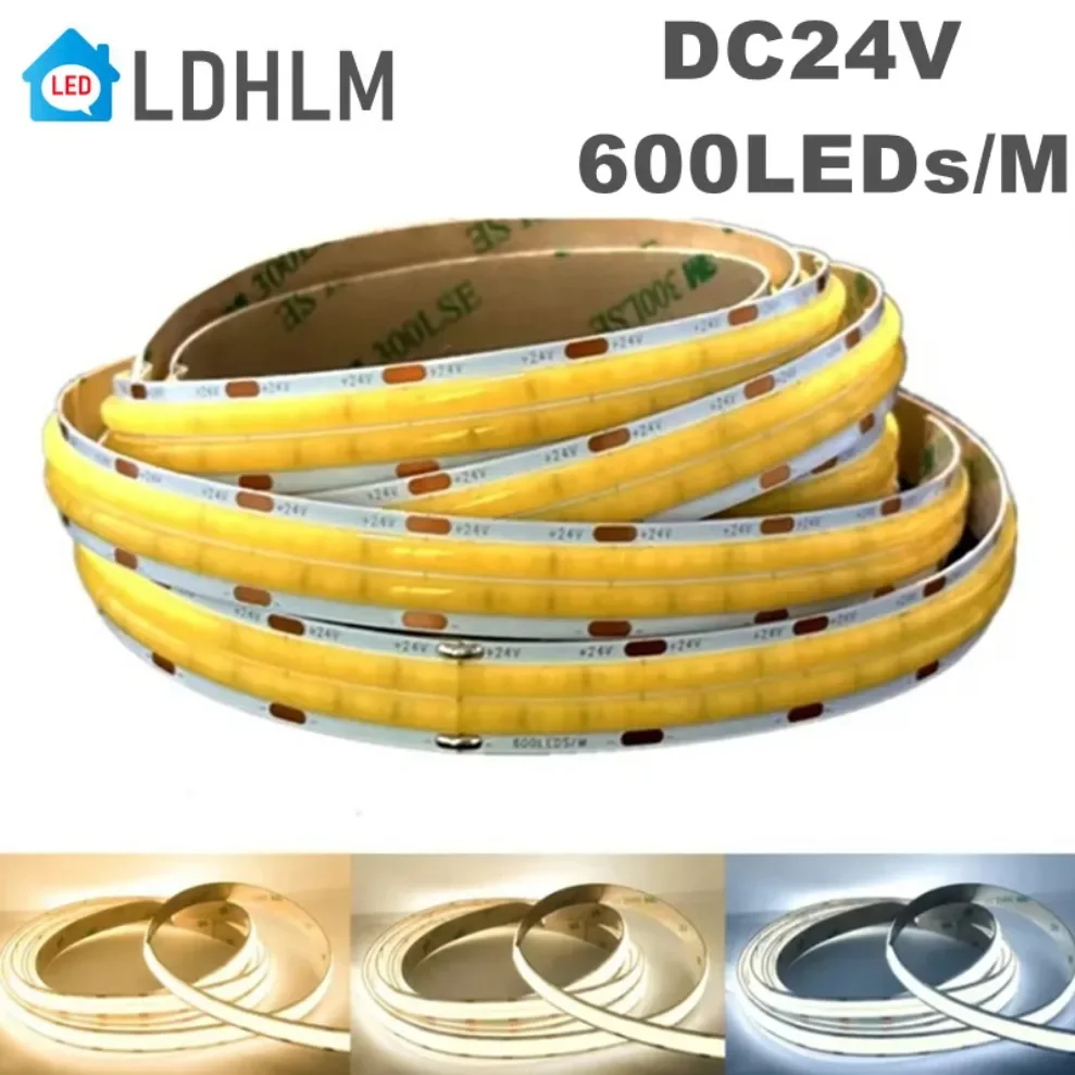 

COB LED Light Strip Double Row Super Bright 600LEDs/m DC24V Flexible Dimmable LED Tape RA90 3000K 4000K 6000K High Density Strip