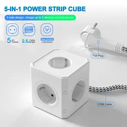 EU multi-plug power strip 5 AC power sockets 3m braided cord with pull tab flat plug adapter suitable for home office travel