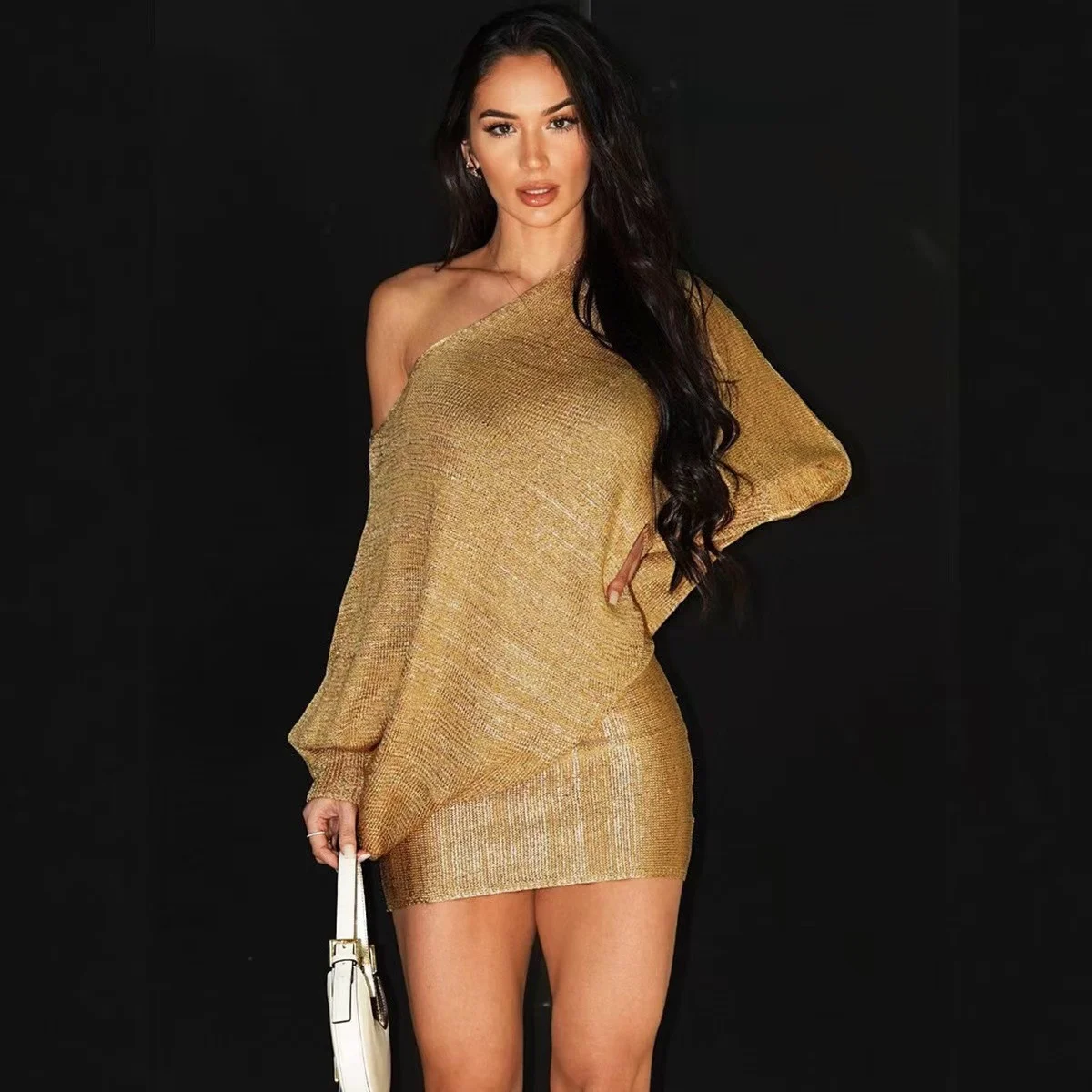 

Sexy Off-oulder Gown in High Waist Fit And Flare Silhouette with Belt ing at Waist And Gold Foil Long Sve Dr for Women