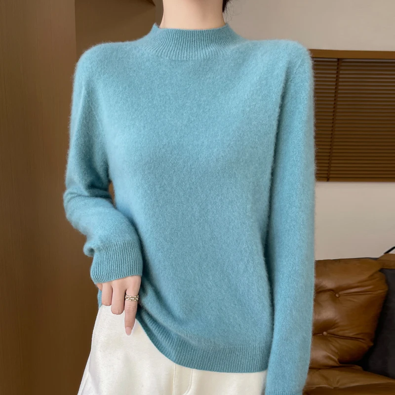 New Spring Autumn 100%Merino Wool Sweater Women Half high collar Long Sleeve Pullover Solid Color Knitwear Clothing Tops Fashion