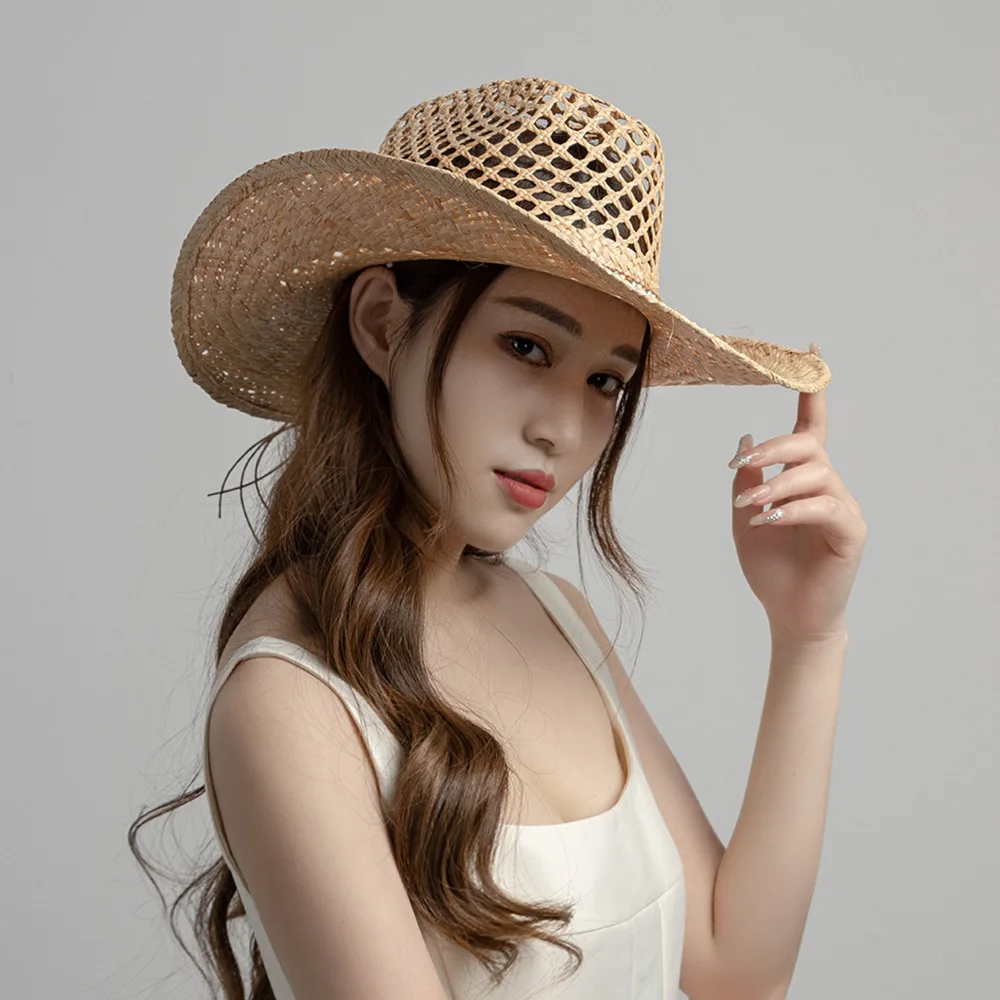 Summer Western Cowboy Raffia Sun Hat for Men Women Wooden Bead Decorative Hand Woven Hollow Lafite Grass  Holidays Beach Hat