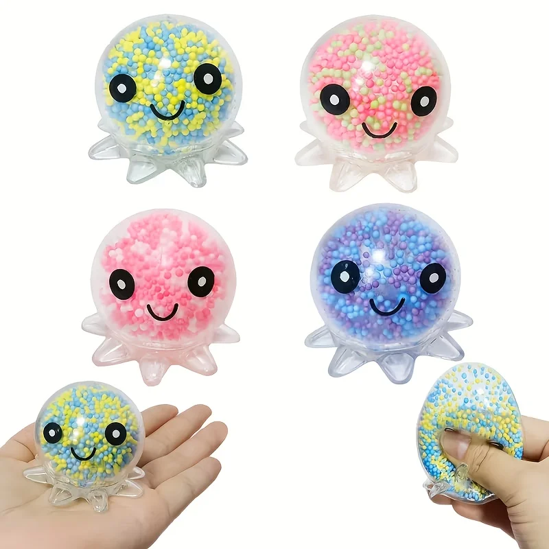 4 Cute Octopus Soft Stress Balls - Colorful Bead-Filled Fidget Toys for Adults, Christmas, Halloween, Thanksgiving Gifts, Toys | Colorful Soft Balls | Transparent Balls, Random Colors