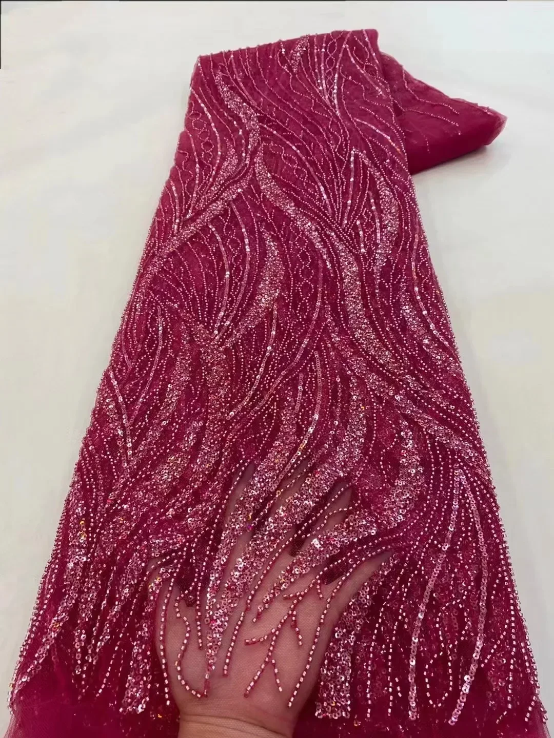 

5 Yards African Bridal Lace Fabric with Sequins Beaded Embroidery High Quality French Tulle for Wedding Groom Nigerian Style