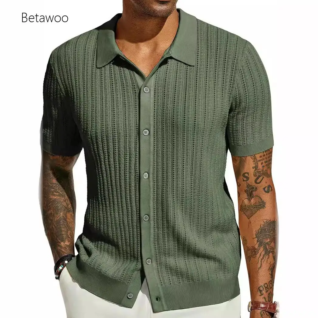 

Men's Green Knit Polo Shirt Short Sleeve Button Front Casual Blouse