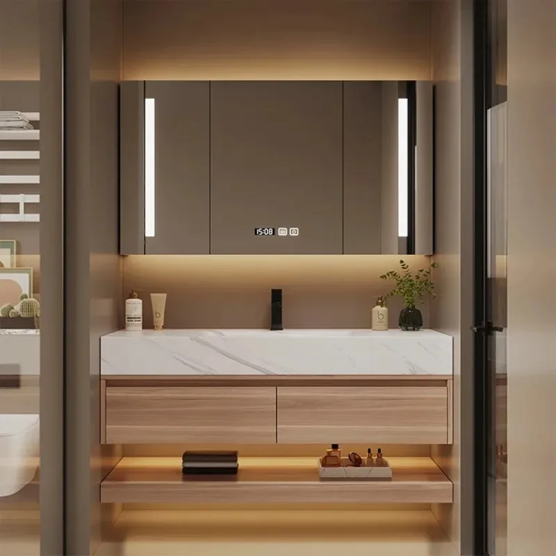 Modern Bath Room Floating Washstand Storage Cabinetry Set Double Sink White Oak Solid Wood Wall Hung Bathroom Vanity Cabinet