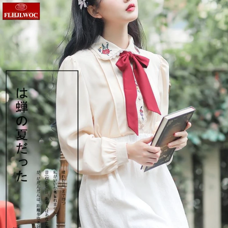 Retro Vintage Chic Y2K Tops Cute Sweet Korea Japan Style FLHJLWOC Design 2025 Autumn Long Sleeve Women Basics Bow Tie Shirt