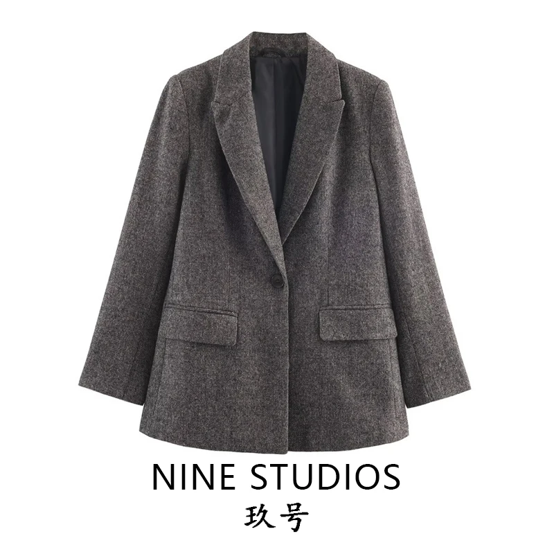 

NINE ZAR Women's Casual Loose Fit Cheered Patterned Suit Jaet with kets Versatile All-Match Sle European Sle Polye...