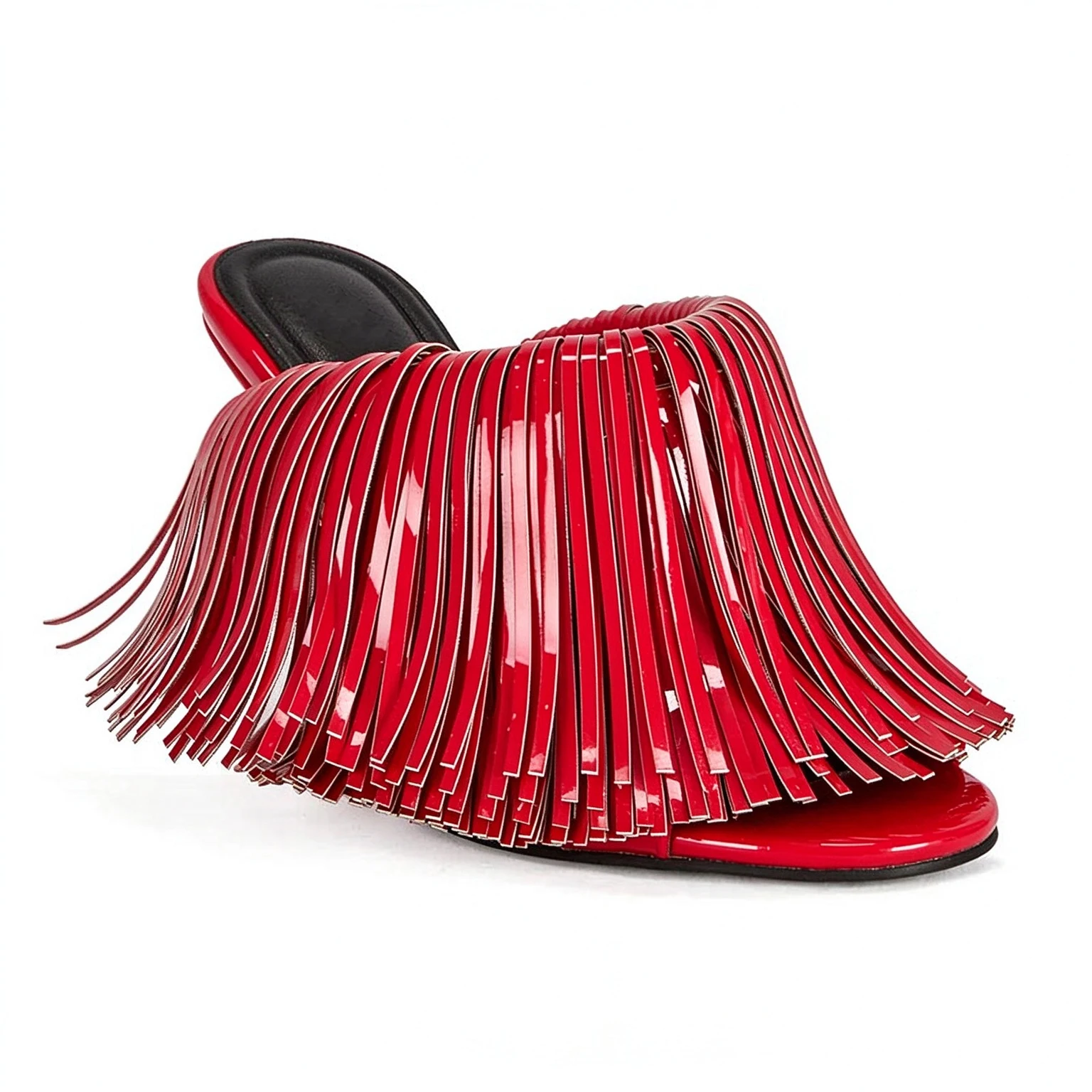 Women Fringe Patent PU Mules Open Toe Extra High Wedge Heel Slip On Slippers Party Evening Nightclub Dress Shoes F684