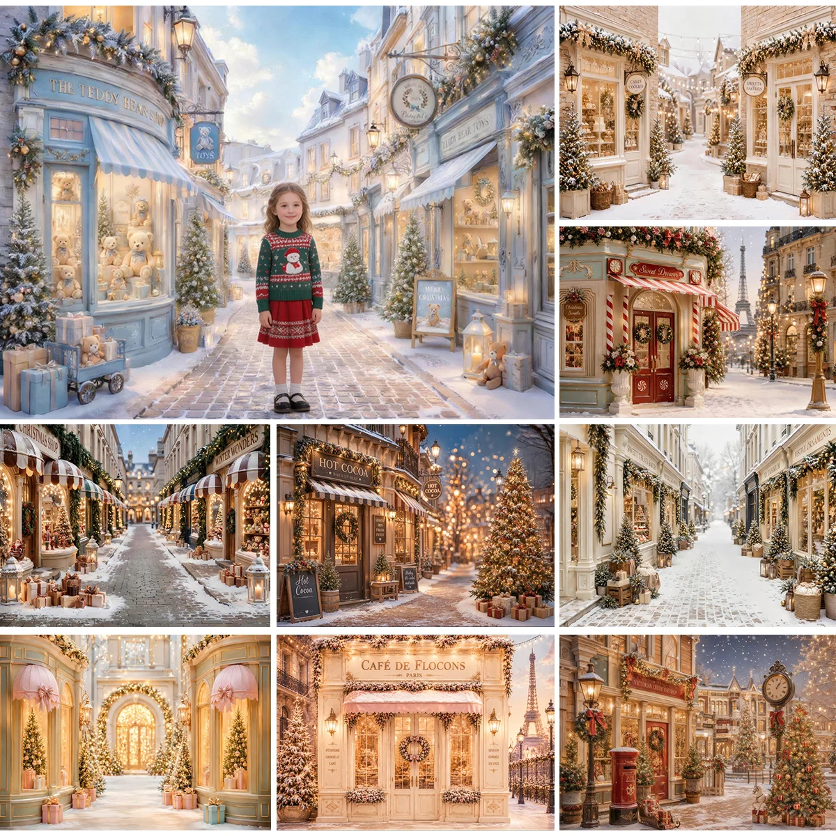 Vintage Weihnachtsstraßenladen Fotografie-Hintergrund Europäische Altstadt Winter Schnee Weihnachten Feiertag Neujahr Studio-Hintergrund