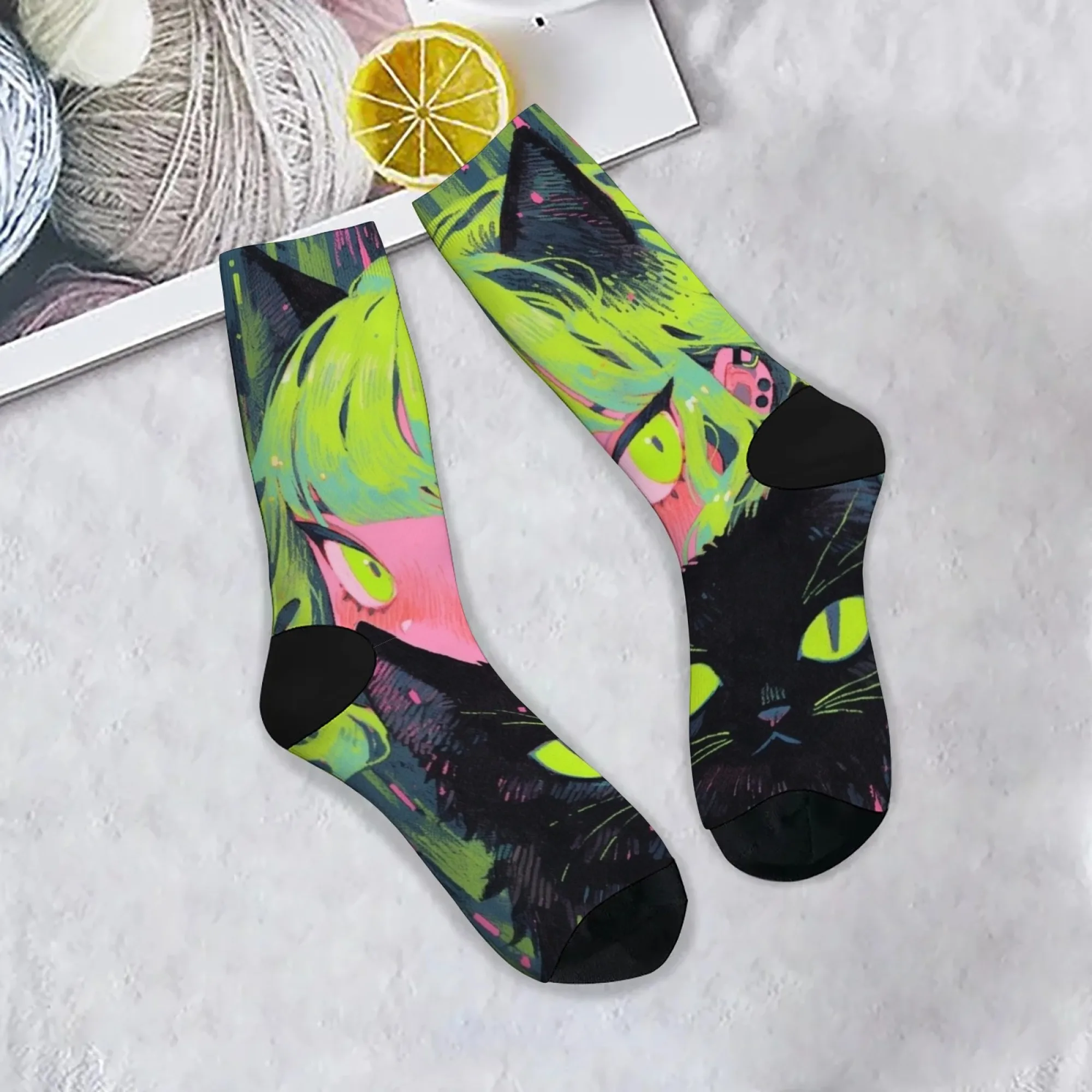 

Мужские носки в стиле аниме Harajuku, винтажные неоновые носки с принтом кота и девушки, мягкие удобные носки для повседневной уличной одежды и повседневного обращения