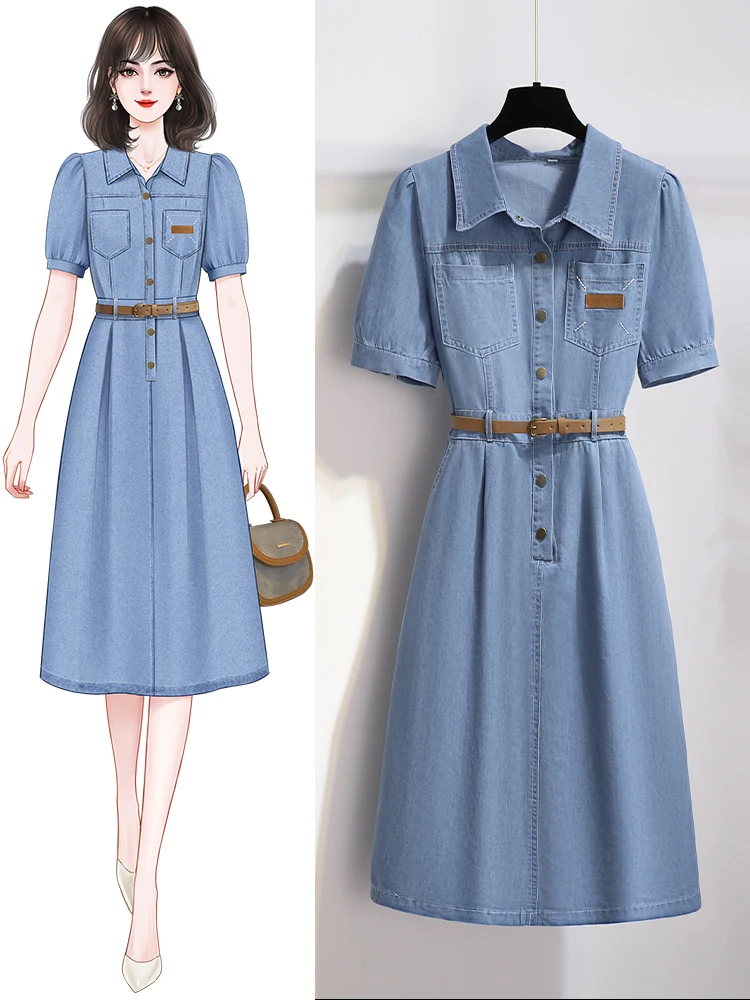 Short-sleeved denim dress women's summer thin new mid-length small man with a thin waist to show off a thin temperament skirt