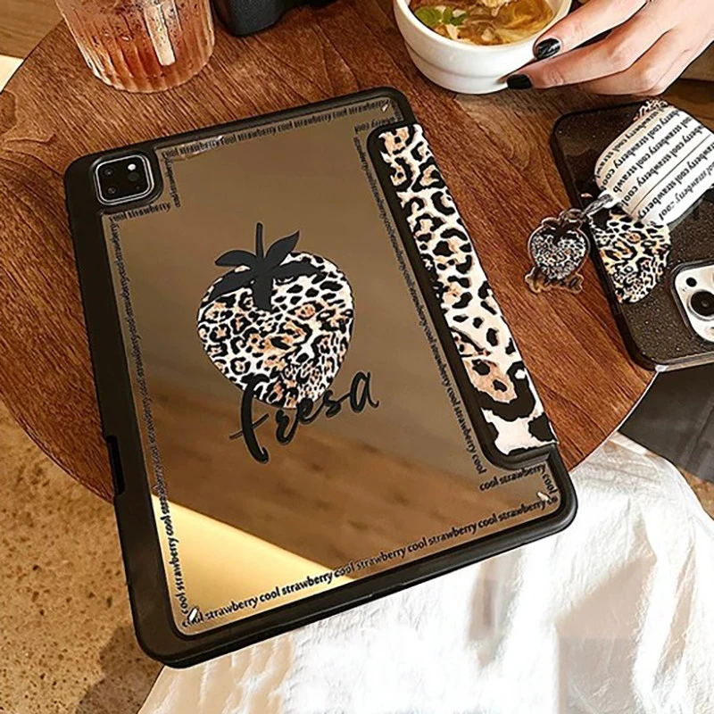 black Leopard-Print Strawberry Mirror Tablet Case For iPad Pro 11 12.9 13 A16 M2 M4 M3 M5 5/6/7/8/9/10/11th Mini Air 3 4 5 Cover