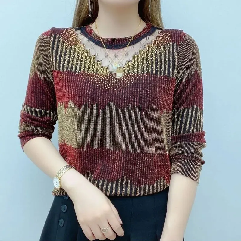 Casual Gradient Spliced Pullovers Spring Autumn Fashion Diamonds Women's Clothing Hollow Out Vintage Bright Silk O-Neck T-shirt