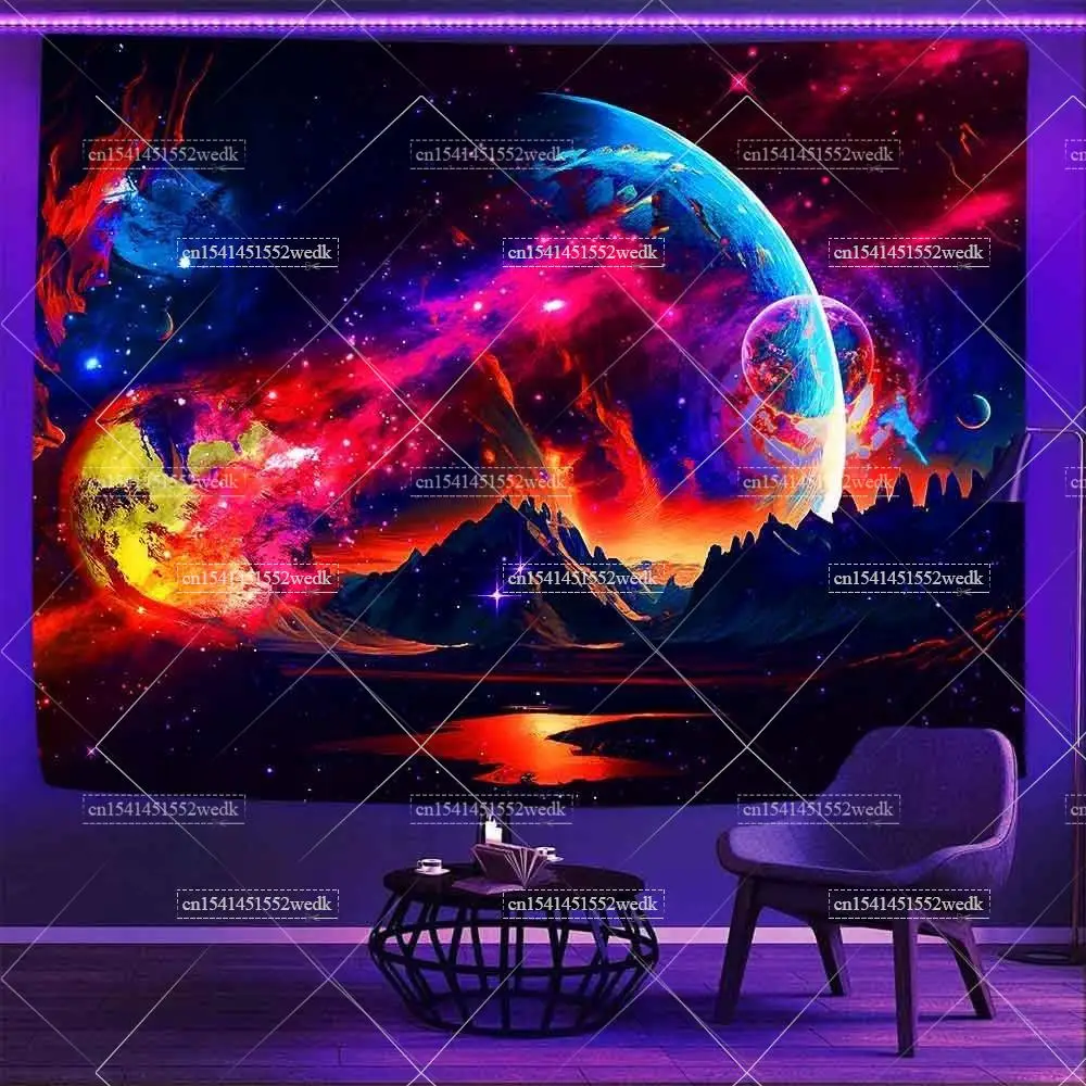 Trippy Planet Blacklight Tapestry Starry Night Sky Glow in the Dark Fluorescent Party Backdrops UV Reactive Aesthetic Tapestry