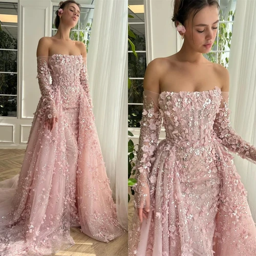 Vestido de fiesta personalizado, intrincado, elegante, con hombros descubiertos, vestido de fiesta con cuentas de flores, barrido/cepillo, graduación de Organza