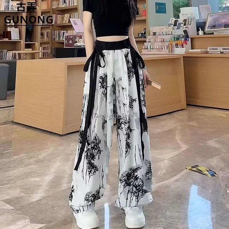 2025 chinese calligraphy wide leg pants women summer leisure relaxing comfortable pants fairy drifting ribbon ice silk trousers