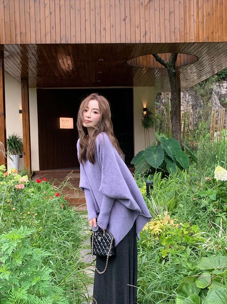 

Autumn and winter spicy girl purple knitted cape women's sweater American retro atmosphere casual loose women's top