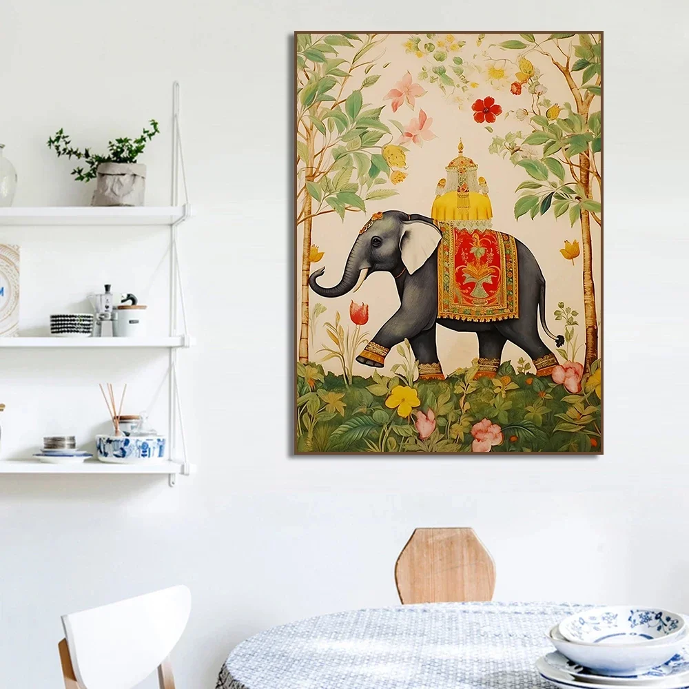 خمر شجرة الحياة الهندية الأزهار الطيور الفيل الجمل الطاووس الحيوان ملصق فني حائط لوح رسم يطبع غرفة ديكور المنزل
