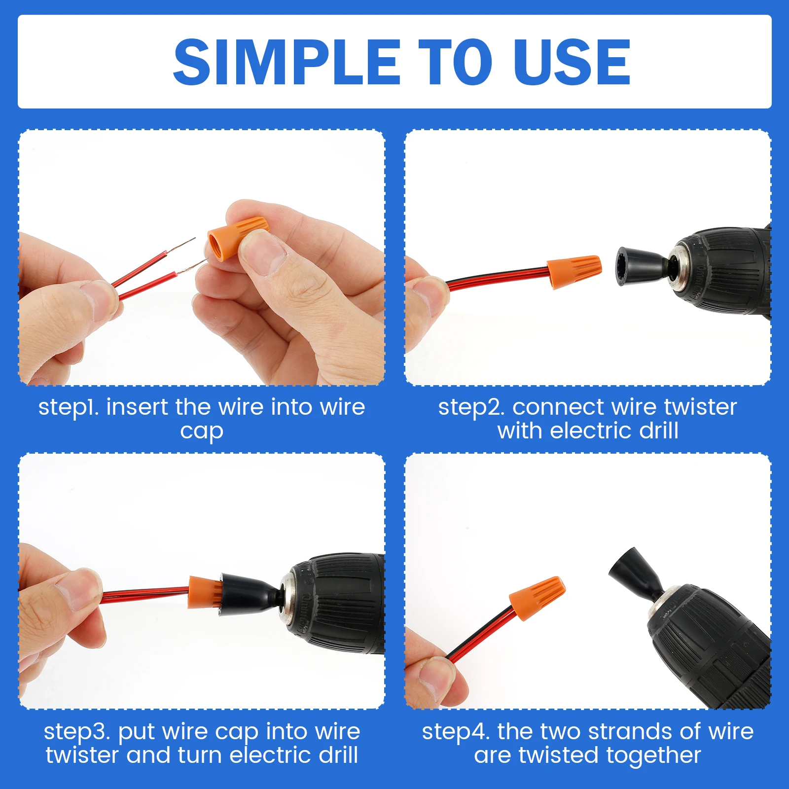 Electrician Wire Twisting Tools Hex Handle for Power Drill Drivers Wire Swivel Winding Connector Crimping with 100 Wire Caps