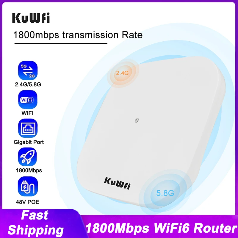 KuWFi WiFi6 Dual Band Access Point Range Extender 2.4G+5Ghz Wireless AP 1800Mbps Gigabit Wireless Wallmounted Ceiling Router POE