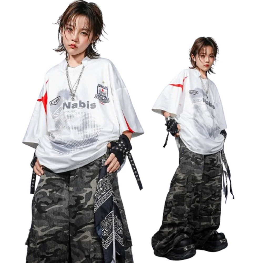 Kind Kpop Hip Hop Kleidung Drucken Weißes T-shirt Top Camo Casual Baggy Cargo Hosen für Mädchen Junge Tanz Kostüm Kleidung