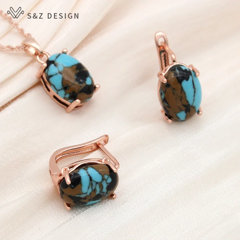 S&Z DESIGN New Oval Synthetic Turquoises Drop Earrings Jewelry Sets For Women Wedding 585 Rose Gold Color Pendant Necklace