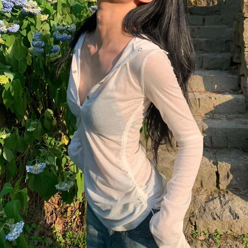 Sexy See Through Hooded Tops Women Casual Long Sleeve Thin Long Sleeve T-shirt Female Streetwear Y2k White Tees