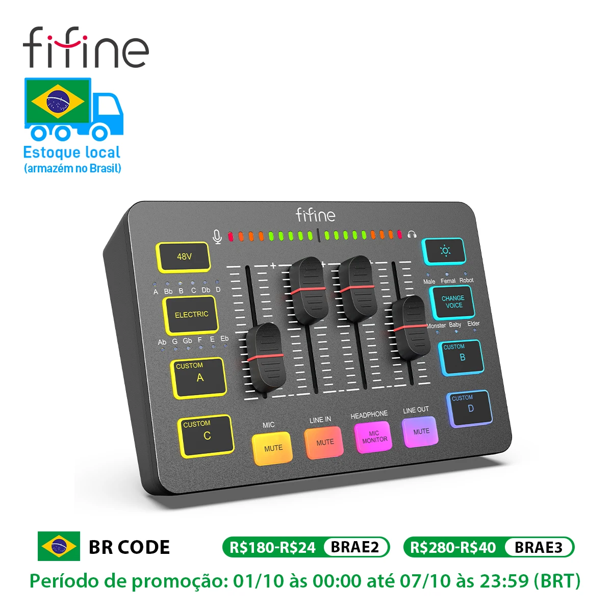 Mixer de jogos USB FIFINE com interface de microfone XLR, 48V Phantom Power, RGB, placa de som para podcasting streaming AmpliGame SC3