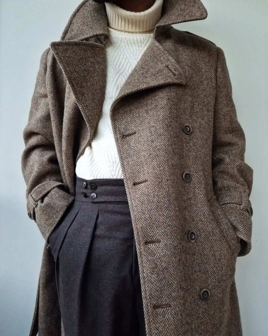 Handsome Thick Long Overcoat Herringbone With Belt Double Breasted Woolen Blends Business Work Customized Coat