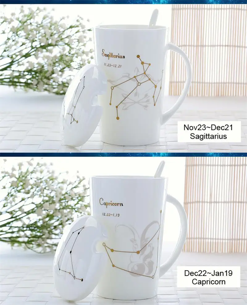 500ML, Bone China Mug Cup, Ceramic Star Sign Coffee with Spoon Lid, Zodiac Nespresso Tazas Porcelain