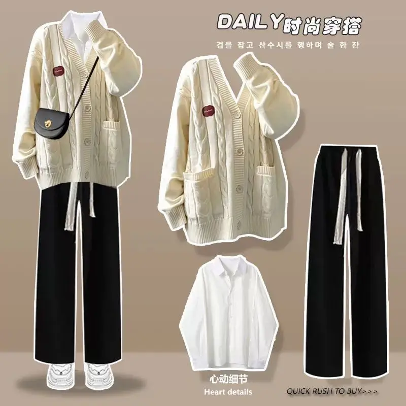 Spring and Autumn Set Women's Knitted Cardigan Sweater Coat+Fashion Versatile Shirt+Wide Leg Cowboy Pants 3-Piece Set