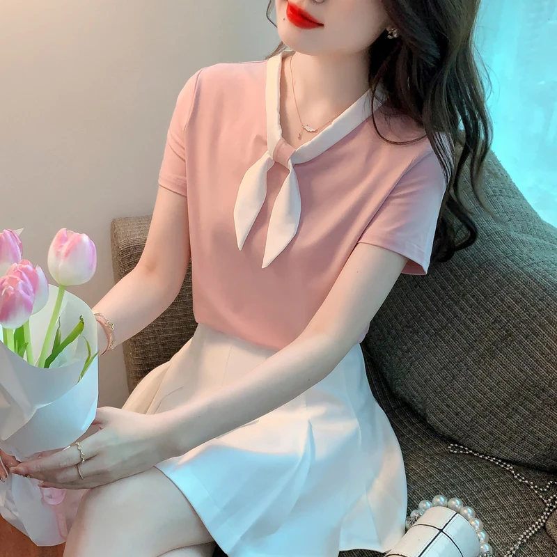 2025 Summer Cotton Blouse Straight Womens Tops Bow Tie Elegant Solid Womens Clothing Sweet Fashion Short Sleeve Blouses T-shirts