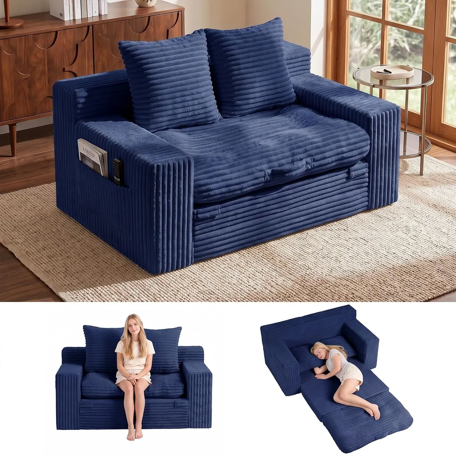 4-in-1 Convertible Sofa Bed, Boneless Loveseat Sleeper, Removable Cushion, Pull Handle, Side Pocket, Corduroy Futon , Customized